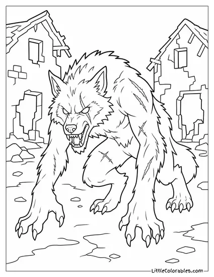 Realistic Werewolf With Scars and Matted Fur Prowling a Ruined Village Coloring Page