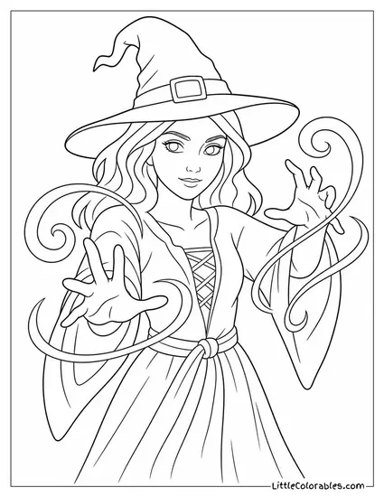 Realistic Witch Casting a Spell With Swirling Light Around Her Hands Coloring Page