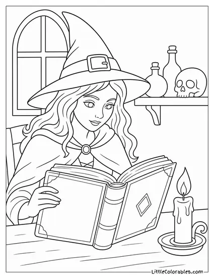 Realistic Witch Reading an Ancient Spellbook by Flickering Candlelight Coloring Page
