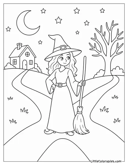 Realistic Witch Standing at a Crossroads Beneath a Starry Sky Coloring Page