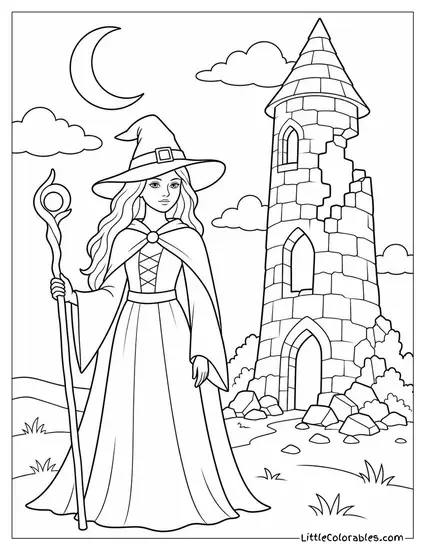 Realistic Witch Standing Before a Crumbling Stone Tower at Dusk Coloring Page