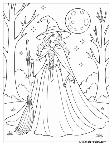 Realistic Witch Standing in a Moonlit Forest Clearing With Her Cloak Trailing Coloring Page