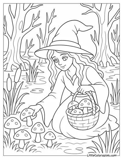 Realistic Witch Wandering a Foggy Swamp Gathering Glowing Mushrooms Coloring Page