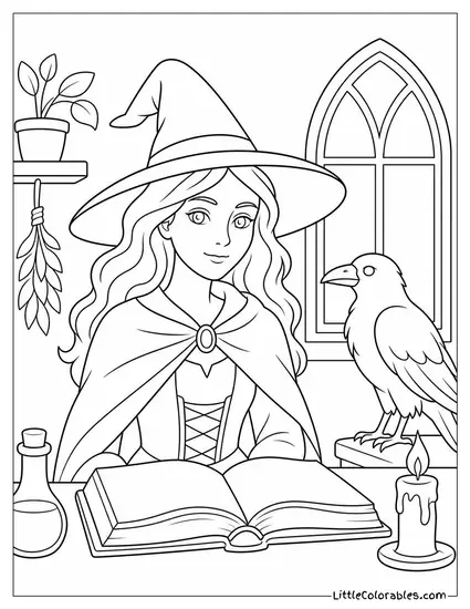 Realistic Witch With a Crow Familiar Perched Beside an Open Grimoire Coloring Page