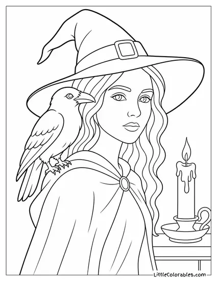 Realistic Witch With a Raven Perched on Her Shoulder in Candlelight Coloring Page