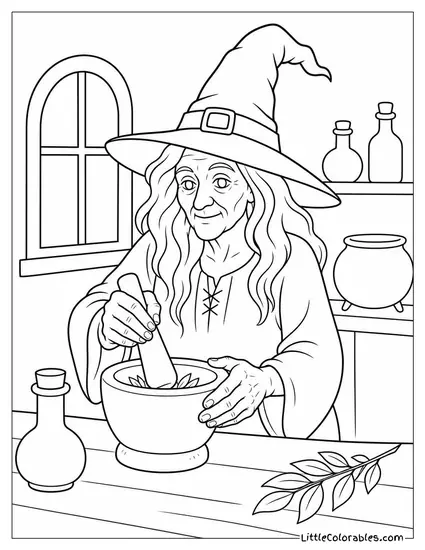 Realistic Witch With Weathered Hands Grinding Herbs in a Stone Mortar Coloring Page
