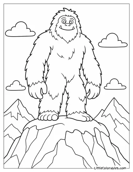 Realistic Yeti Standing Tall in a Snowstorm Atop a Frozen Mountain Peak Coloring Page