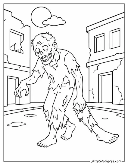 Realistic Zombie Dragging a Mangled Leg Through a Dark Abandoned Street Coloring Page