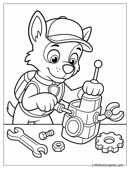 Rocky Building a Clever Gadget Out of Scrap Parts With a Focused Look and Tools Around Him Coloring Page
