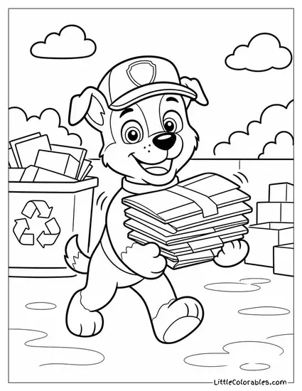 Rocky Carrying a Stack of Flattened Boxes Across a Recycling Yard With Wobbling Arms Coloring Page