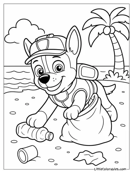 Rocky Cleaning Up Litter on a Beach With a Determined Expression Coloring Page