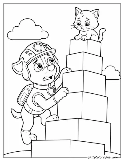 Rocky Climbing a Tall Tower of Boxes to Rescue a Kitten With a Worried Look Coloring Page