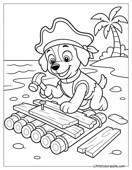 Rocky Dressed as a Pirate Building a Raft Out of Scrap Wood on a Beach Coloring Page