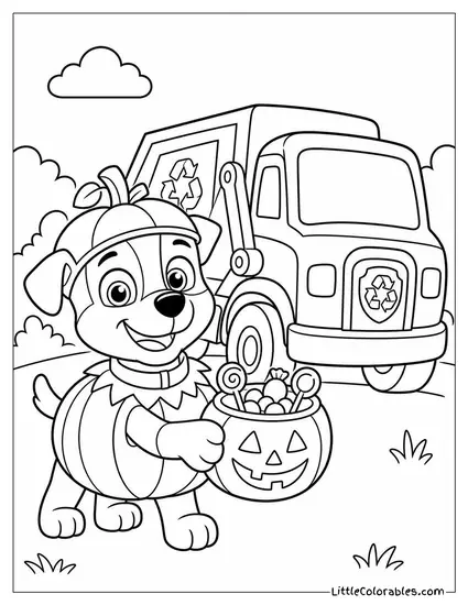 Rocky Dressed as a Pumpkin Handing Out Halloween Candy Beside His Recycling Truck Coloring Page