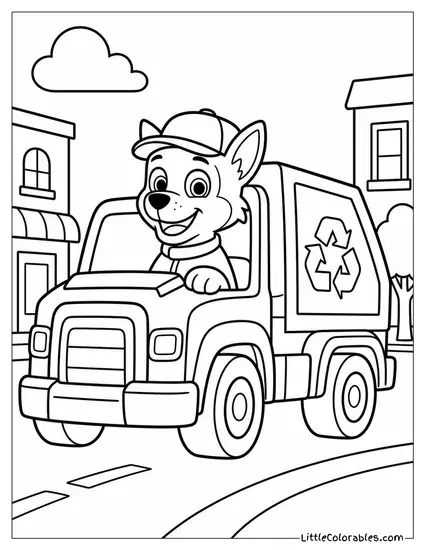 Rocky Driving His Green Recycling Truck Through a Busy Town With a Happy Grin Coloring Page