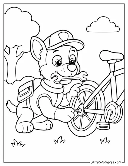 Rocky Fixing a Broken Bicycle With a Wrench Held in His Mouth Coloring Page