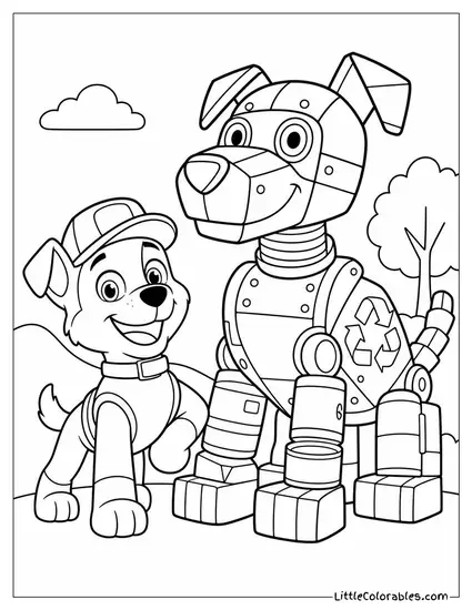 Rocky Grinning Proudly Beside a Giant Sculpture He Built From Recycled Parts Coloring Page
