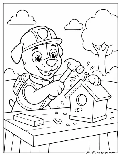 Rocky Hammering a Wooden Birdhouse on a Sunny Workbench With Sawdust Flying Coloring Page