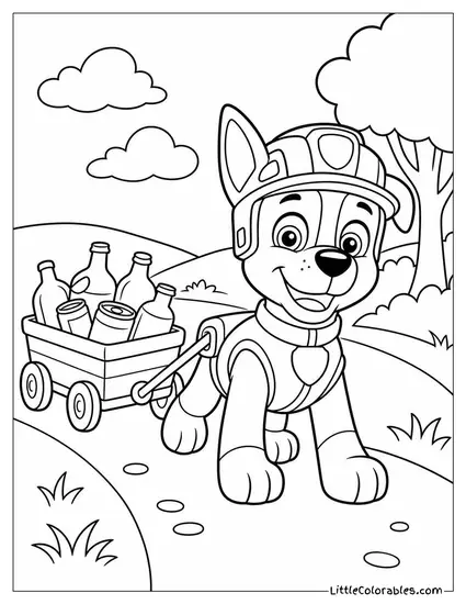 Rocky Pulling a Wagon of Old Bottles and Cans Along a Country Road Coloring Page