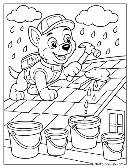 Rocky Repairing a Leaky Roof on a Rainy Day With Buckets All Around Coloring Page