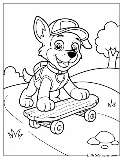 Rocky Riding a Skateboard Made From Scrap Wood Down a Gentle Hill Coloring Page
