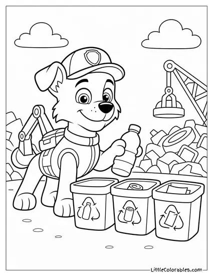 Rocky Sorting Recyclables Into Colorful Bins With a Proud Smile at the Junkyard Coloring Page