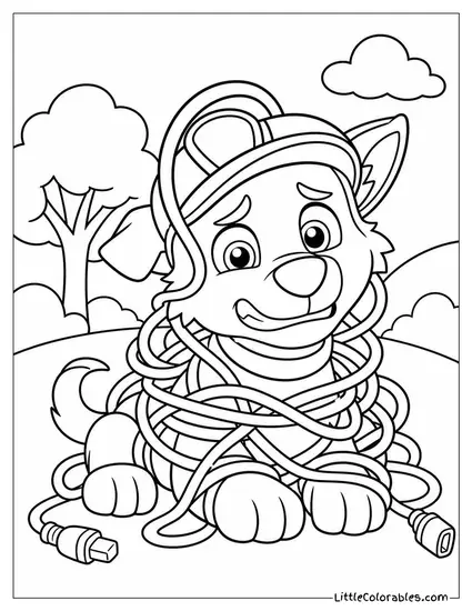 Rocky Tangled in a Ball of Wires With an Embarrassed Grin Coloring Page
