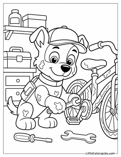 Rocky Tinkering With a Rusty Bicycle in a Cluttered Garage With Oil on His Fur Coloring Page