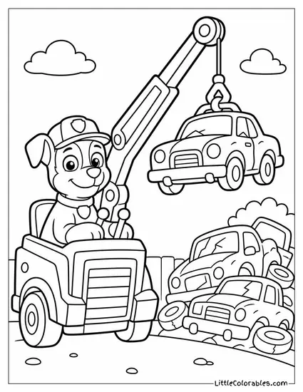 Rocky Using a Crane Arm to Lift an Old Car Out of a Junkyard Pile Coloring Page