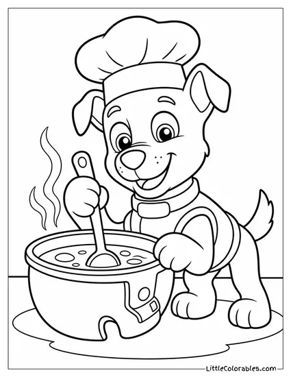 Rocky Wearing a Chef Hat Cooking Soup in a Pot Made From an Old Helmet Coloring Page