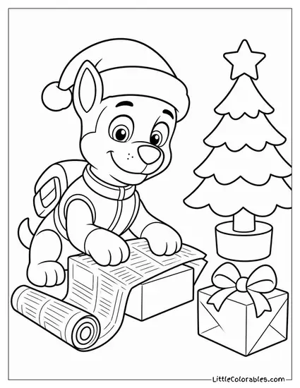 Rocky Wearing a Santa Hat Wrapping Gifts in Recycled Newspaper Beside a Small Tree Coloring Page