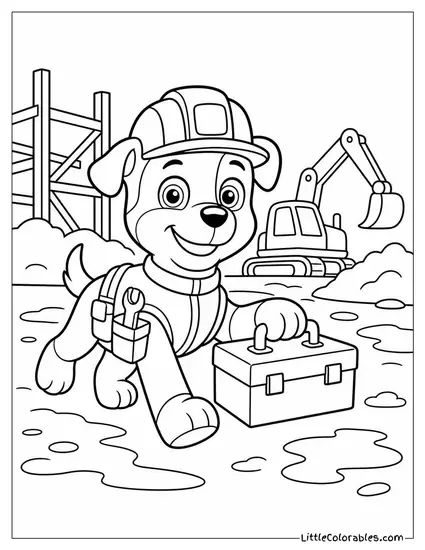 Rocky Wearing a Tool Belt and Carrying a Toolbox Across a Muddy Construction Site Coloring Page