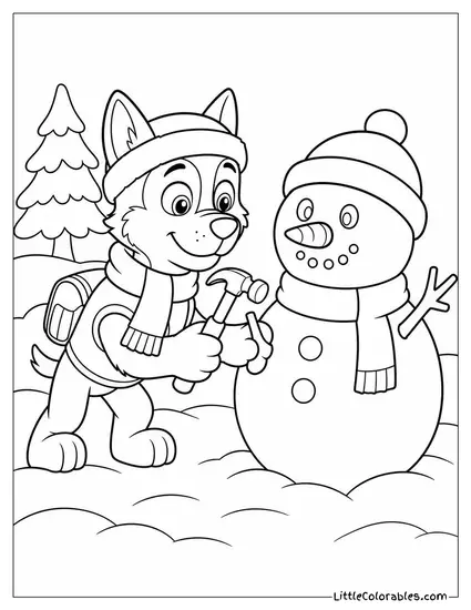 Rocky Wearing a Winter Scarf Fixing a Snowman's Broken Arm With a Hammer Coloring Page