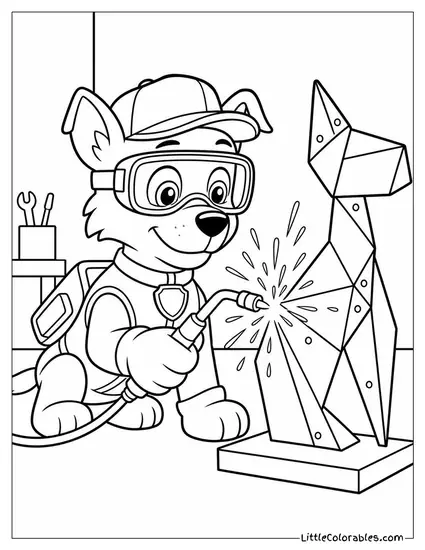 Rocky Wearing Goggles Welding a Metal Sculpture With Sparks Flying Coloring Page