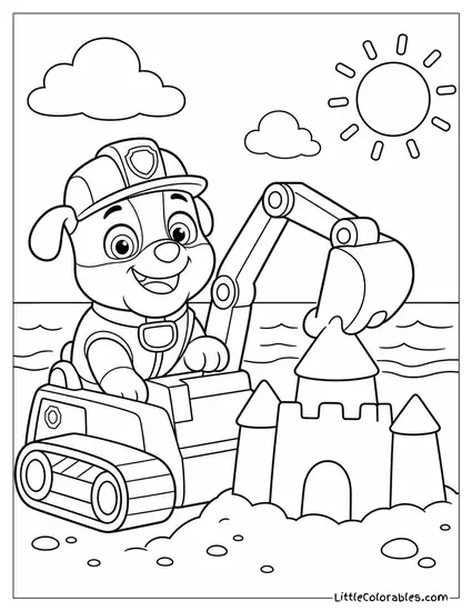 Rubble Building a Sandcastle With His Digger on a Sunny Beach Coloring Page