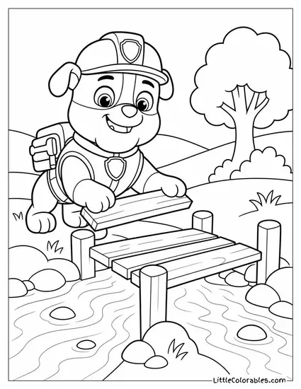 Rubble Building a Tiny Wooden Bridge Over a Sparkling Stream Coloring Page
