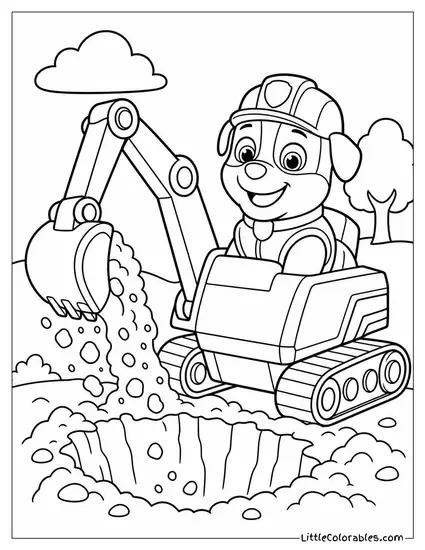 Rubble Digging a Huge Hole With His Digger Arm as Dirt Flies Everywhere Coloring Page