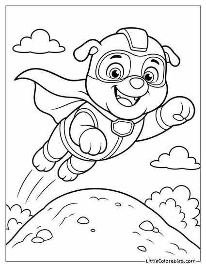 Rubble Dressed as a Superhero With a Cape Leaping Off of a Dirt Hill Coloring Page