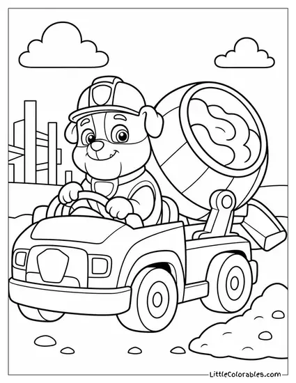 Rubble Driving a Cement Mixer With Swirling Concrete and a Focused Look Coloring Page