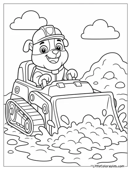 Rubble Driving His Bulldozer Through a Muddy Construction Site With a Big Grin Coloring Page
