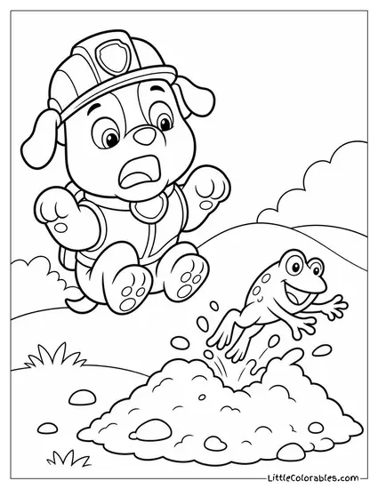 Rubble Jumping Back in Surprise as a Frog Hops Out of a Dirt Pile Coloring Page