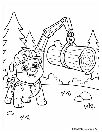 Rubble Lifting a Giant Log With His Crane Arm in a Forest Clearing Coloring Page