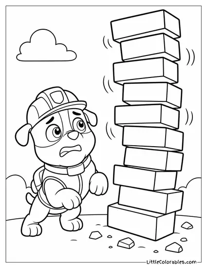 Rubble Looking Nervous as a Tall Stack of Bricks Wobbles Above Him Coloring Page