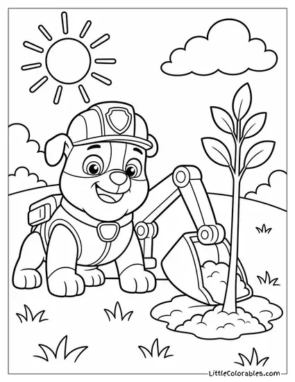Rubble Planting a Tree Sapling With His Digger Scoop in a Sunny Meadow Coloring Page