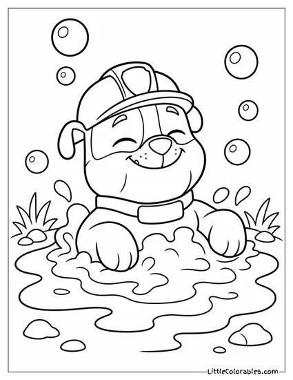 Rubble Relaxing in a Mud Bath With a Blissful Smile and Floating Bubbles Coloring Page