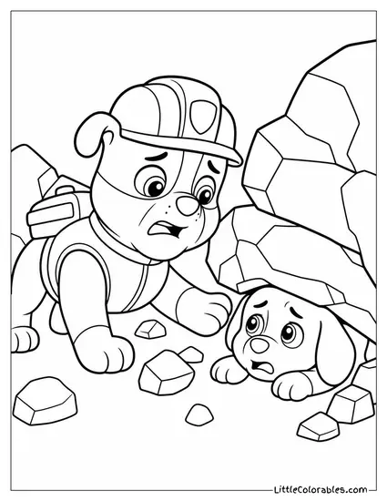 Rubble Rescuing a Stuck Puppy From a Pile of Fallen Boulders With a Worried Face Coloring Page