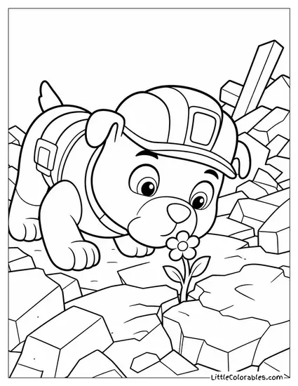 Rubble Sniffing a Tiny Flower Growing Through a Crack in a Pile of Rubble Coloring Page