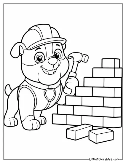 Rubble Wearing a Hard Hat and Holding a Hammer Beside a Half Built Brick Wall Coloring Page