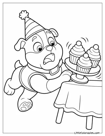 Rubble Wearing a Party Hat Bumping Into a Table of Birthday Cupcakes Coloring Page