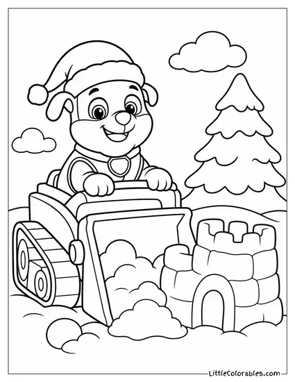 Rubble Wearing a Santa Hat Building a Snow Fort With His Bulldozer Coloring Page